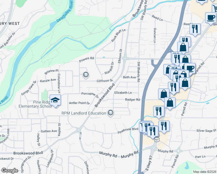 map of restaurants, bars, coffee shops, grocery stores, and more near 61292 Bronze Meadow Lane in Bend
