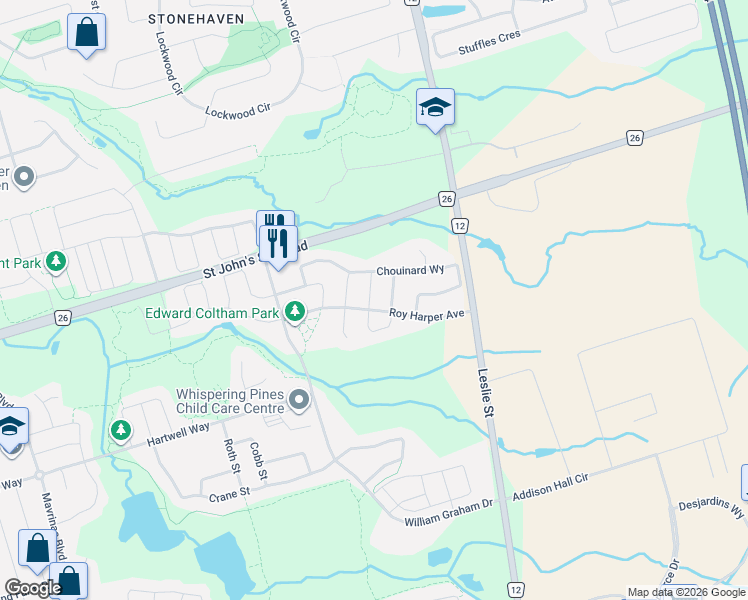 map of restaurants, bars, coffee shops, grocery stores, and more near 11 Constable Street in Aurora