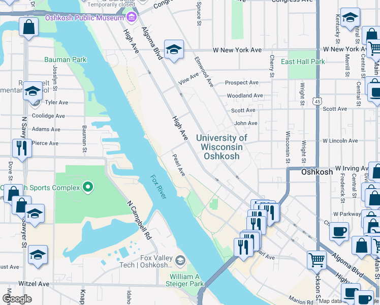 map of restaurants, bars, coffee shops, grocery stores, and more near 845 High Avenue in Oshkosh
