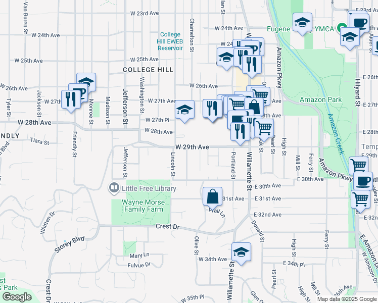 map of restaurants, bars, coffee shops, grocery stores, and more near 2909 Charnelton Street in Eugene