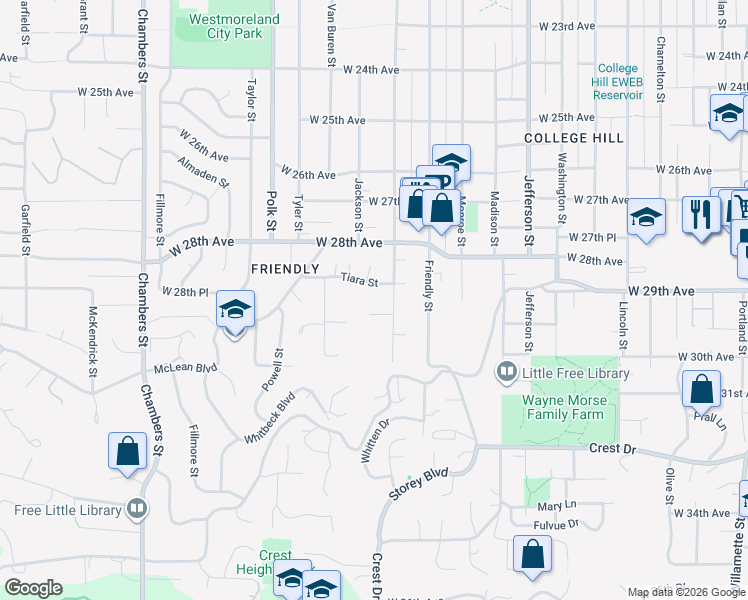 map of restaurants, bars, coffee shops, grocery stores, and more near 911 Tiara Street in Eugene