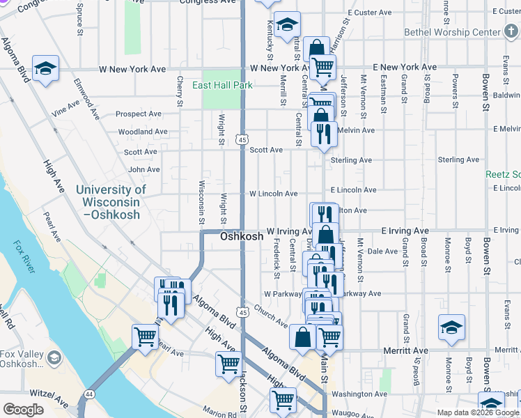 map of restaurants, bars, coffee shops, grocery stores, and more near 303 West Lincoln Avenue in Oshkosh