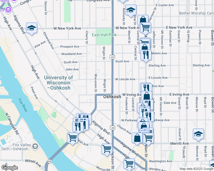 map of restaurants, bars, coffee shops, grocery stores, and more near 750 Wright Street in Oshkosh