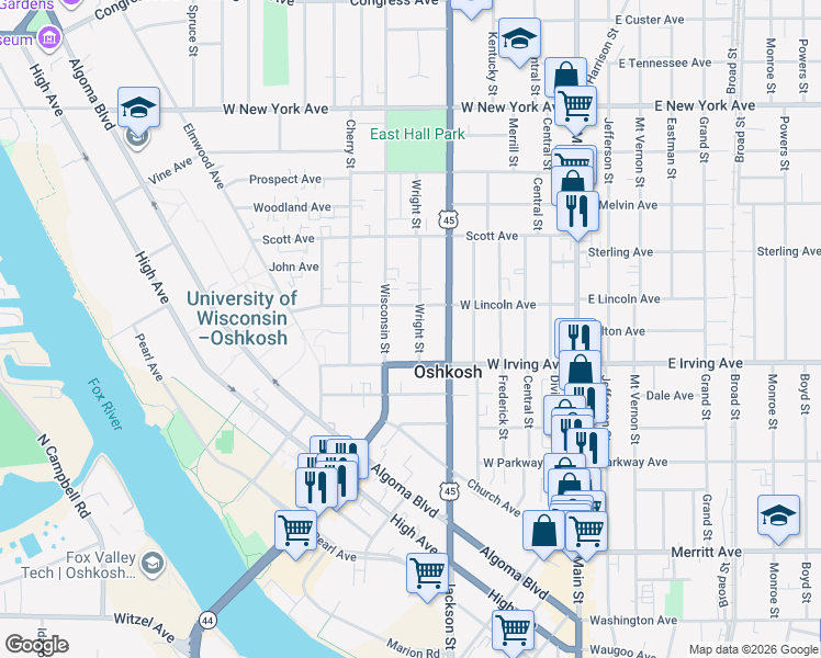 map of restaurants, bars, coffee shops, grocery stores, and more near 750 Wright Street in Oshkosh