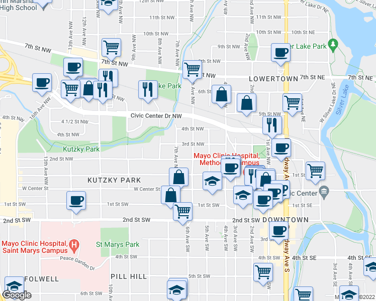 map of restaurants, bars, coffee shops, grocery stores, and more near 621 3rd Street Northwest in Rochester