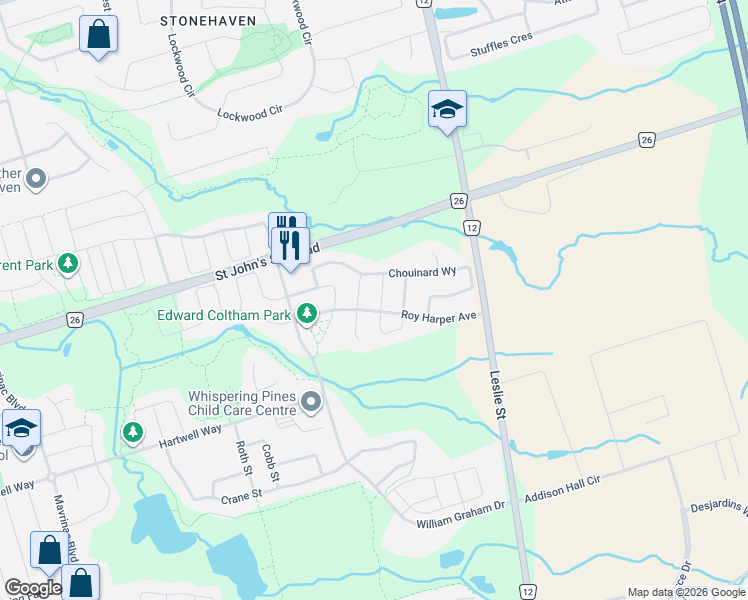 map of restaurants, bars, coffee shops, grocery stores, and more near 12 Constable Street in Aurora