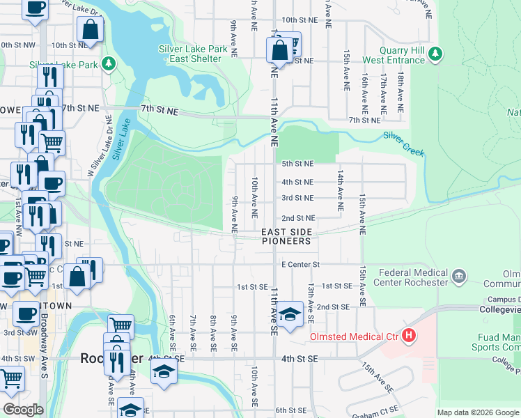 map of restaurants, bars, coffee shops, grocery stores, and more near 1003 3rd Street Northeast in Rochester
