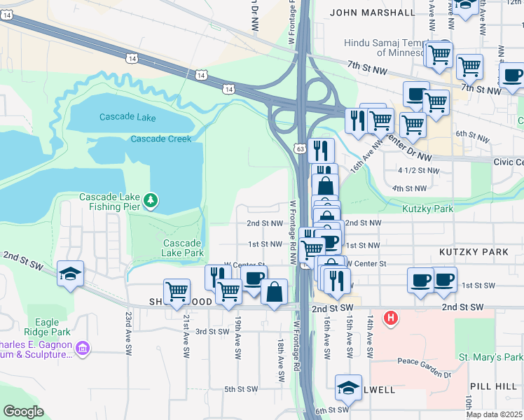 map of restaurants, bars, coffee shops, grocery stores, and more near 1823 Quarry Ridge Place Northwest in Rochester