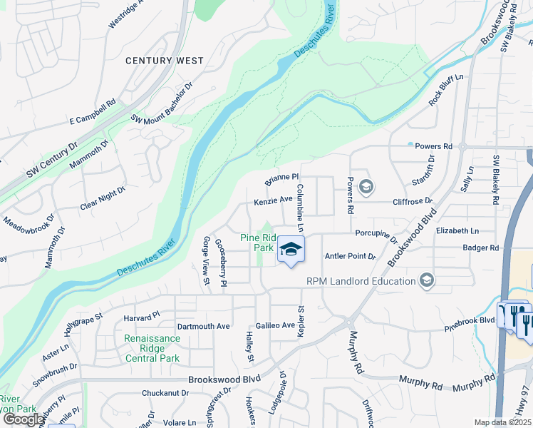 map of restaurants, bars, coffee shops, grocery stores, and more near 61298 Linfield Court in Bend