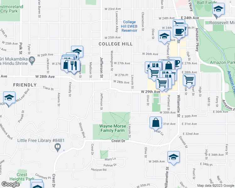 map of restaurants, bars, coffee shops, grocery stores, and more near 456 West 29th Avenue in Eugene