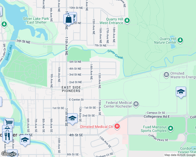 map of restaurants, bars, coffee shops, grocery stores, and more near 1425 3rd Street Northeast in Rochester