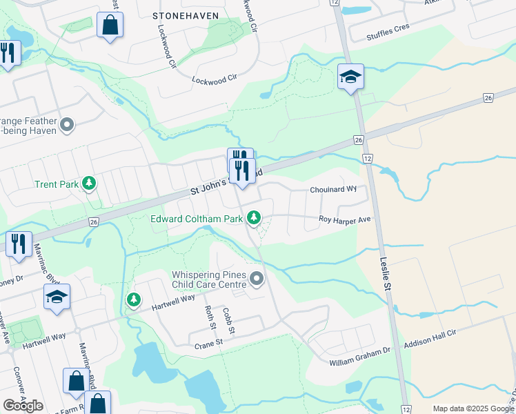 map of restaurants, bars, coffee shops, grocery stores, and more near 10 Chouinard Way in Aurora