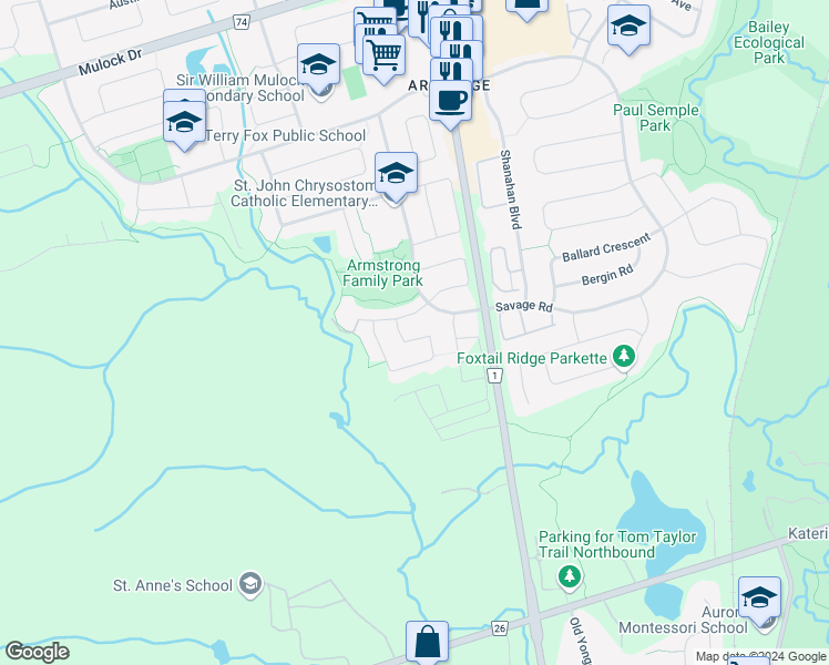 map of restaurants, bars, coffee shops, grocery stores, and more near 907 Oaktree Crescent in Newmarket