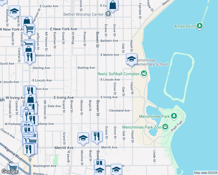 map of restaurants, bars, coffee shops, grocery stores, and more near 755 Grove Street in Oshkosh