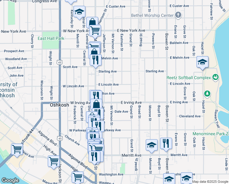 map of restaurants, bars, coffee shops, grocery stores, and more near 217 East Lincoln Avenue in Oshkosh