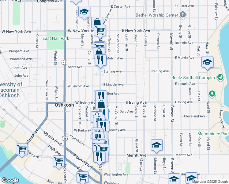 map of restaurants, bars, coffee shops, grocery stores, and more near 756 Jefferson Street in Oshkosh
