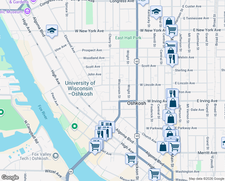 map of restaurants, bars, coffee shops, grocery stores, and more near 750 Cherry Street in Oshkosh