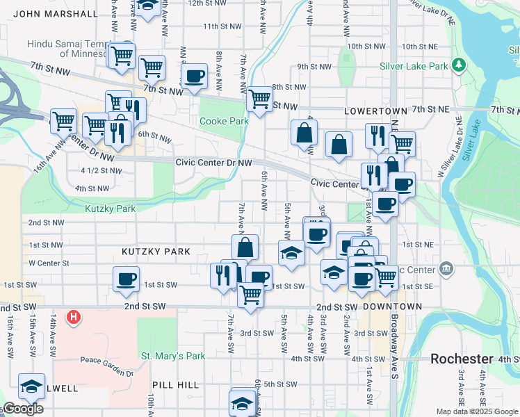 map of restaurants, bars, coffee shops, grocery stores, and more near 621 3rd Street Northwest in Rochester