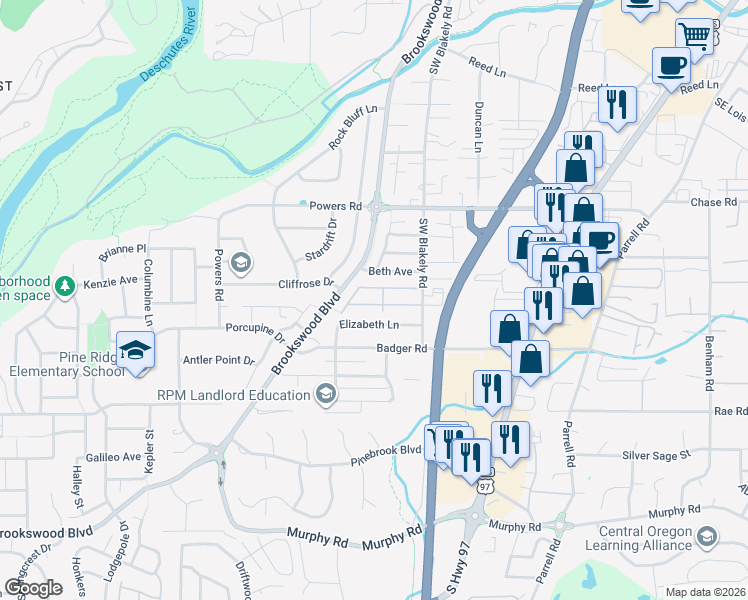 map of restaurants, bars, coffee shops, grocery stores, and more near 20062 Mount Faith Place in Bend