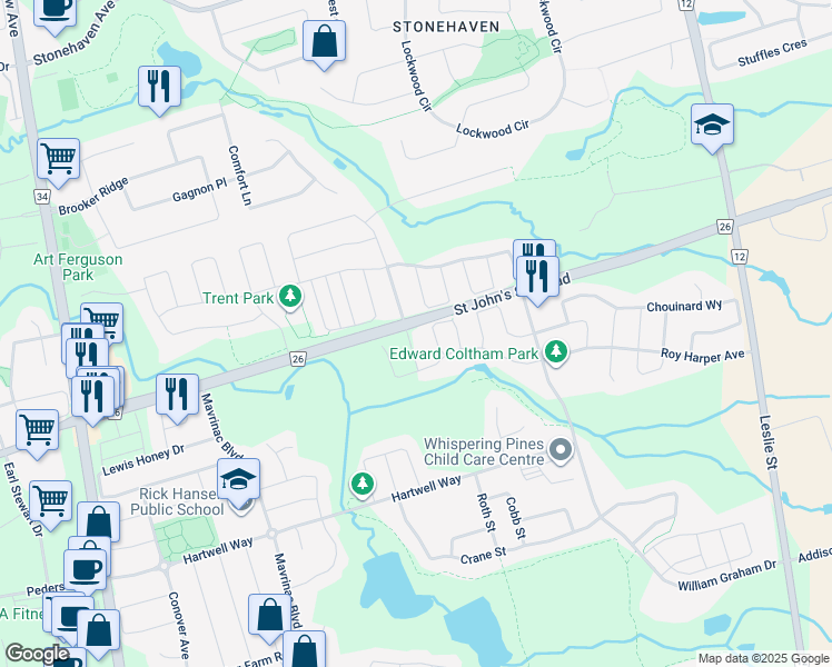 map of restaurants, bars, coffee shops, grocery stores, and more near 39 Mowder Drive in Aurora