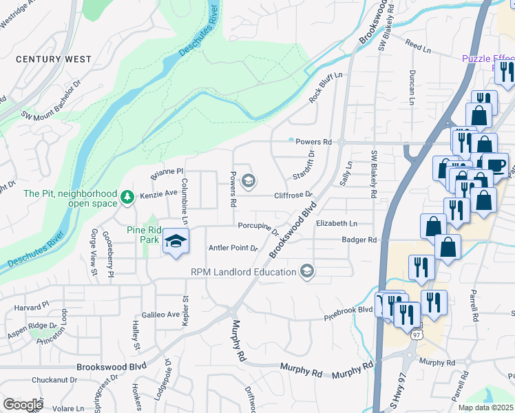 map of restaurants, bars, coffee shops, grocery stores, and more near 19940 Brass Drive in Bend