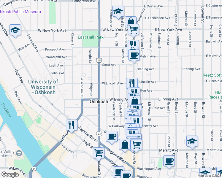 map of restaurants, bars, coffee shops, grocery stores, and more near 737 Frederick Street in Oshkosh