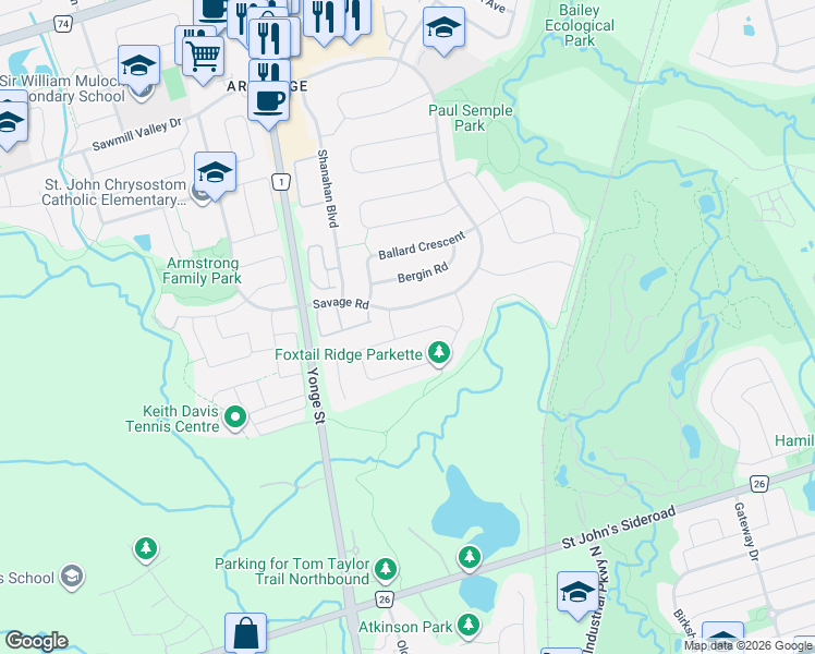 map of restaurants, bars, coffee shops, grocery stores, and more near 137 Widdifield Avenue in Newmarket
