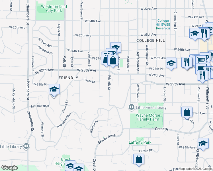 map of restaurants, bars, coffee shops, grocery stores, and more near 2888 Friendly Street in Eugene