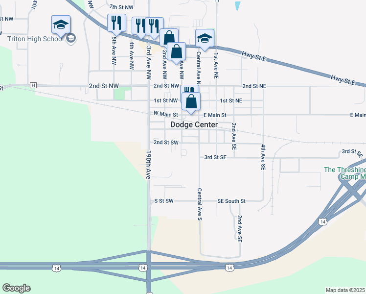 map of restaurants, bars, coffee shops, grocery stores, and more near 18 2nd Street Southwest in Dodge Center