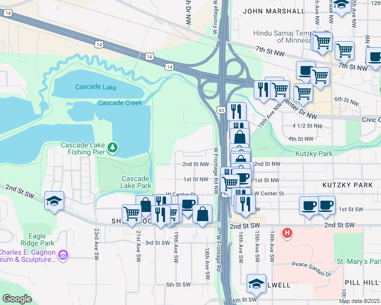 map of restaurants, bars, coffee shops, grocery stores, and more near 1805 Quarry Ridge Place Northwest in Rochester