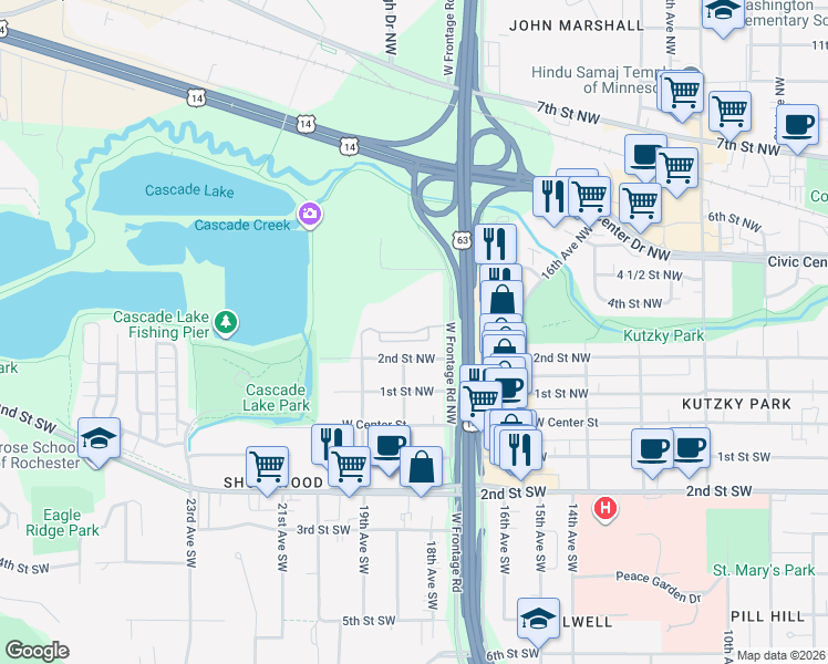 map of restaurants, bars, coffee shops, grocery stores, and more near Quarry Ridge Place Northwest in Rochester