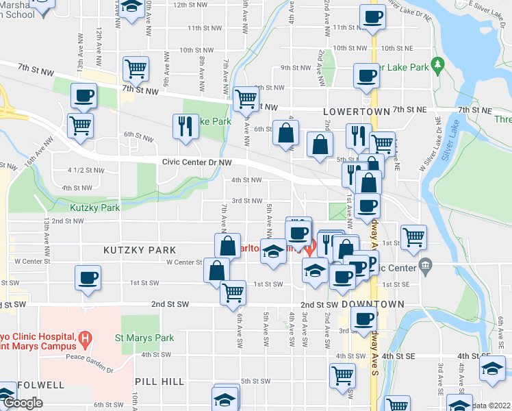 map of restaurants, bars, coffee shops, grocery stores, and more near 516 3rd Street Northwest in Rochester