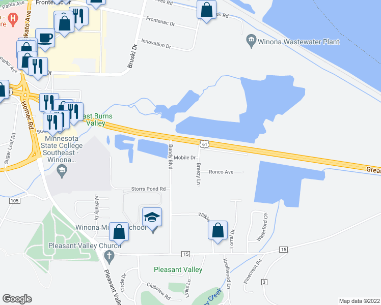 map of restaurants, bars, coffee shops, grocery stores, and more near 1201 Breezy Lane in Winona