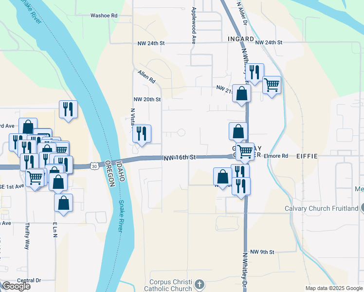 map of restaurants, bars, coffee shops, grocery stores, and more near 18 Circle Drive in Fruitland
