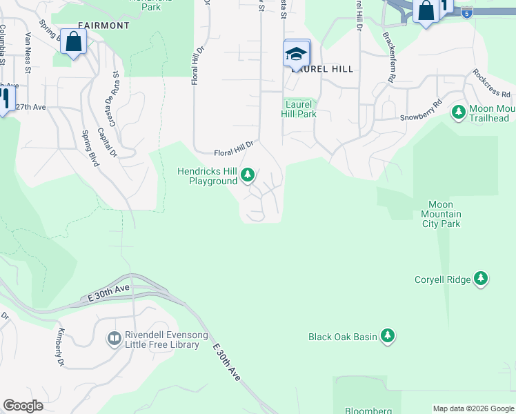 map of restaurants, bars, coffee shops, grocery stores, and more near 3056 Hendricks Hill Drive in Eugene