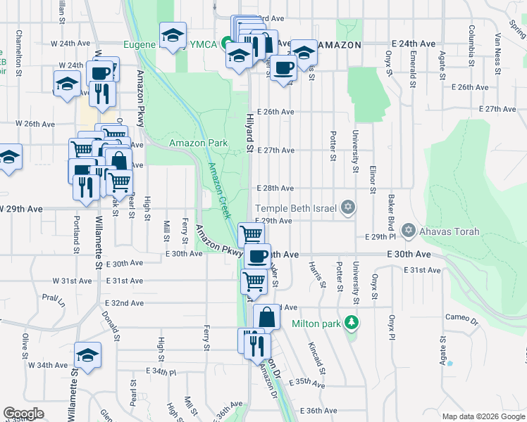 map of restaurants, bars, coffee shops, grocery stores, and more near 2845 Hilyard Street in Eugene