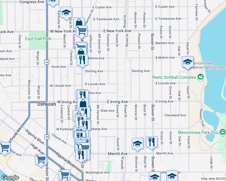 map of restaurants, bars, coffee shops, grocery stores, and more near 319 East Lincoln Avenue in Oshkosh