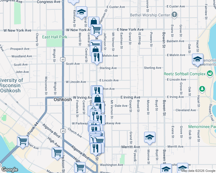 map of restaurants, bars, coffee shops, grocery stores, and more near 756 Jefferson Street in Oshkosh