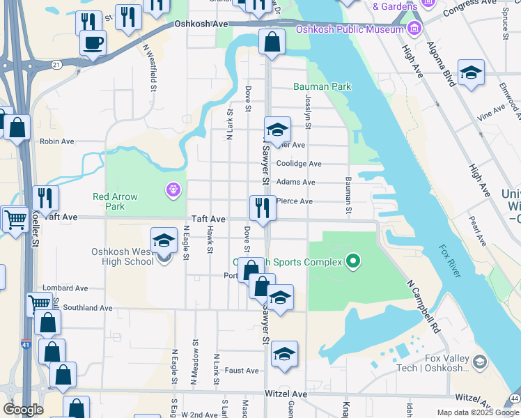 map of restaurants, bars, coffee shops, grocery stores, and more near 713 North Sawyer Street in Oshkosh