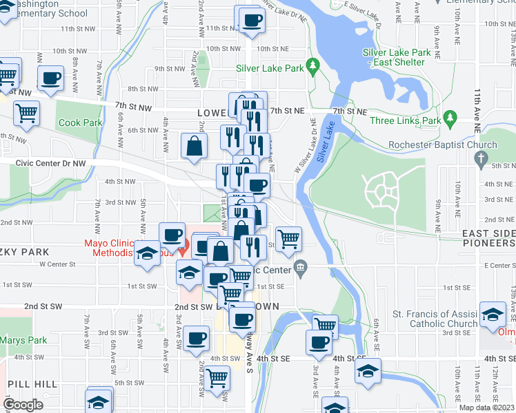 map of restaurants, bars, coffee shops, grocery stores, and more near 220 North Broadway Avenue in Rochester
