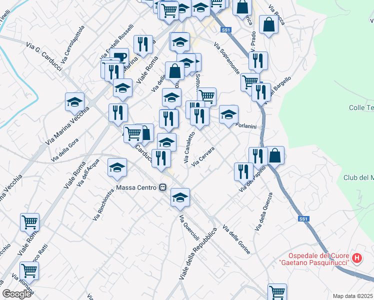map of restaurants, bars, coffee shops, grocery stores, and more near 16 Via Canaletto in Massa
