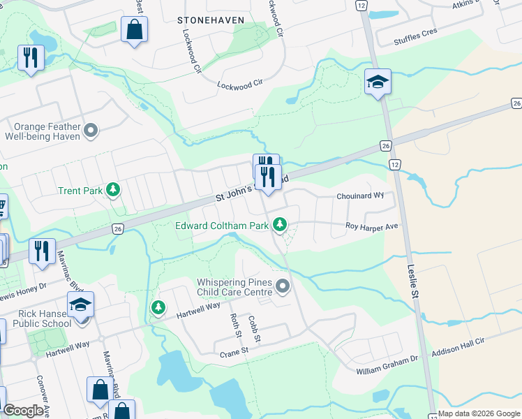 map of restaurants, bars, coffee shops, grocery stores, and more near 38 William Graham Drive in Newmarket