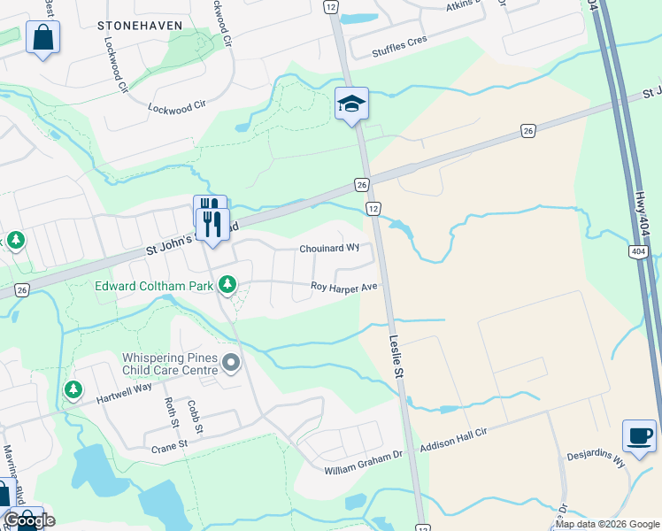 map of restaurants, bars, coffee shops, grocery stores, and more near 373 Chouinard Way in Aurora