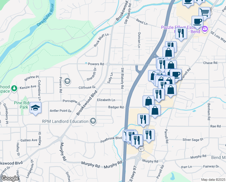 map of restaurants, bars, coffee shops, grocery stores, and more near 20067 Mount Hope Lane in Bend