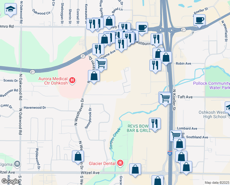 map of restaurants, bars, coffee shops, grocery stores, and more near 2330 Patriot Lane in Oshkosh