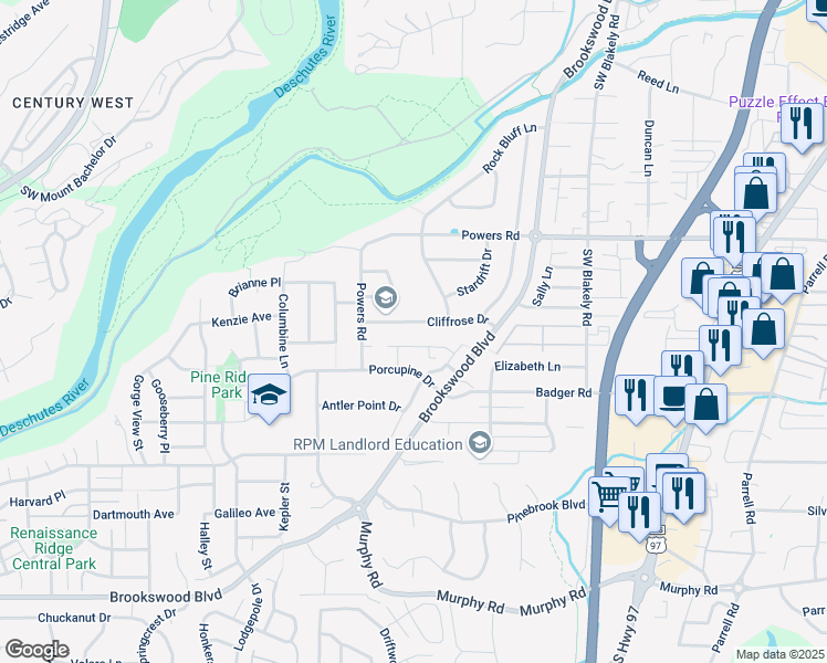 map of restaurants, bars, coffee shops, grocery stores, and more near 19947 Cliffrose Drive in Bend