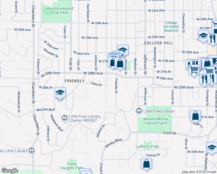 map of restaurants, bars, coffee shops, grocery stores, and more near 2869 Adams Street in Eugene