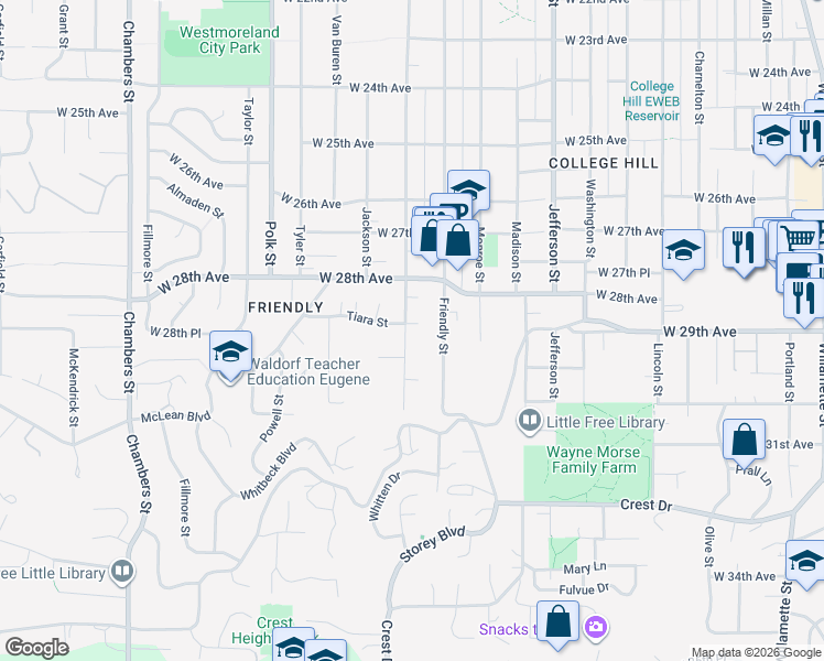 map of restaurants, bars, coffee shops, grocery stores, and more near 2869 Adams Street in Eugene