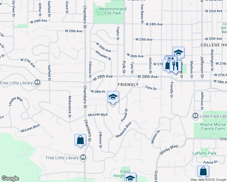 map of restaurants, bars, coffee shops, grocery stores, and more near 2809 Almaden Street in Eugene
