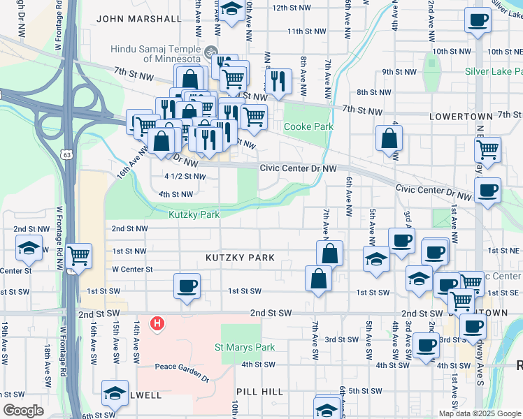 map of restaurants, bars, coffee shops, grocery stores, and more near 224 9th Avenue Northwest in Rochester